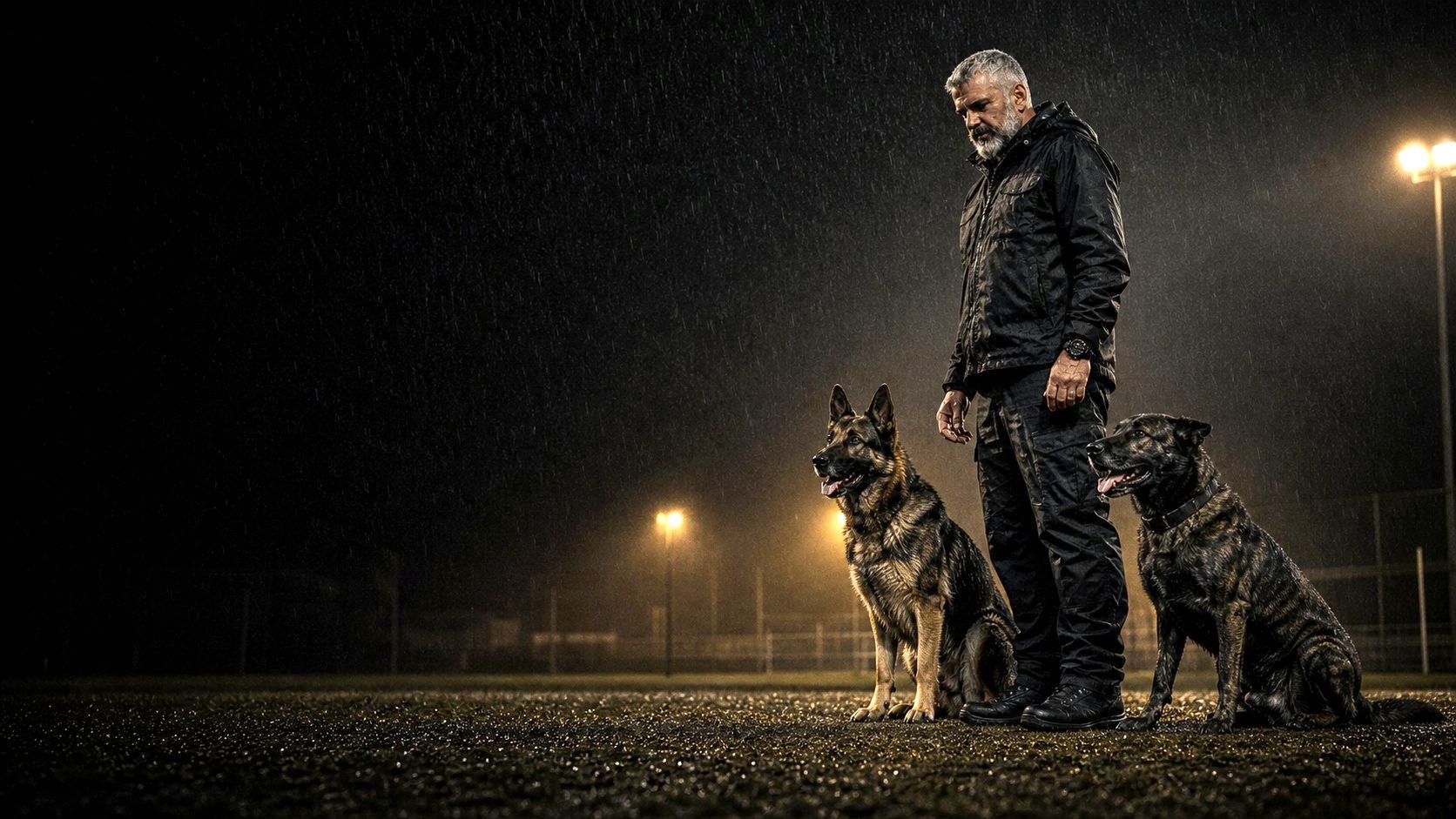 Ángel con perros en campo nocturno